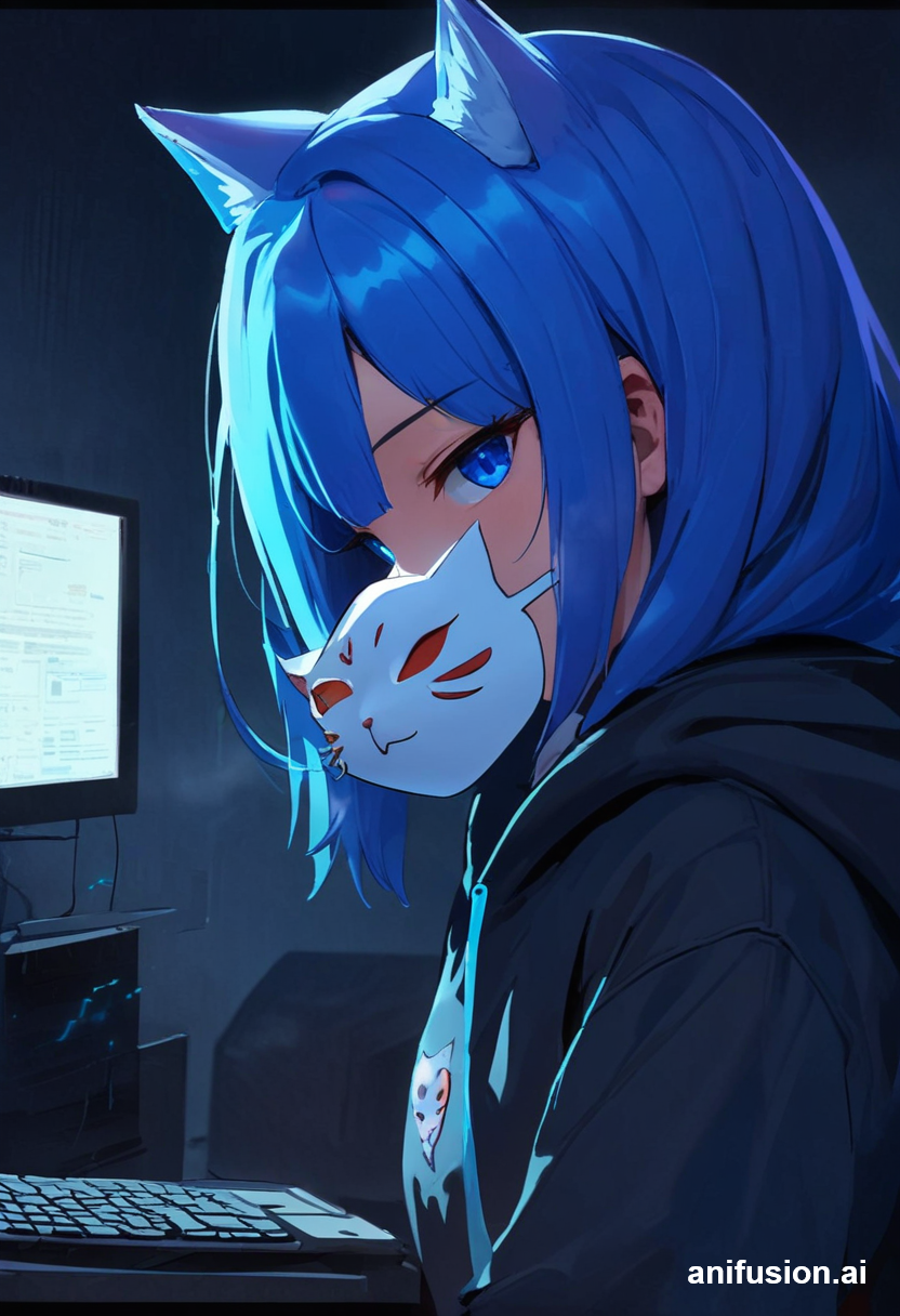 Original Portal lab artwork: a blue-haired, cat-eared character working at a computer.